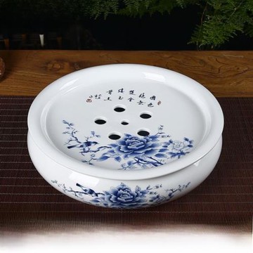 陶瓷茶盤托盤圓形家用簡約茶臺青花瓷潮汕功夫茶具儲水小茶盤茶托