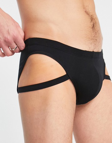 ASOS DESIGN jersey briefs with strap detail in black