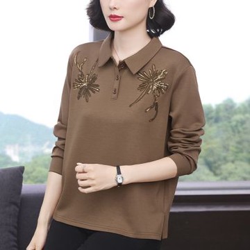 [巴黎精品] 現貨+預購 高級長袖POLO衫寬鬆上衣針織衫簡約大碼休閒大尺碼女裝媽媽裝-亮片花卉2色a1lq43