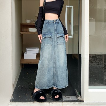 美木子｜牛仔裙｜預購｜高腰開衩長裙 女 A字半身裙 包臀顯瘦 小個子百搭 長裙【3175】