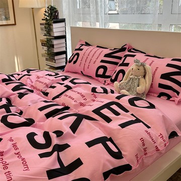 優樂悅~玫紅色字母少女被套床上用品水洗棉四件套學生宿舍床單1.5m三件套