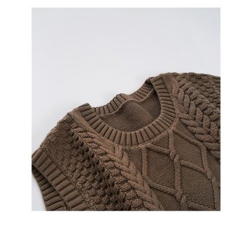 歐單!100%棉 粗線麻花背心女士圓領毛衣馬甲 無袖針織衫寬松 厚款