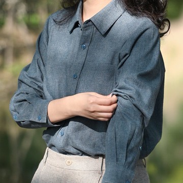 板栗研衣所 獨立設計 海鹽藍斜紋法蘭絨純棉基礎襯衫百搭疊搭通勤