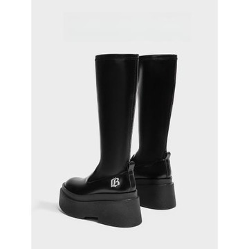 厚底圓頭彈力瘦瘦靴女秋冬黑色長筒靴高筒騎士靴小個子增高辣妹靴