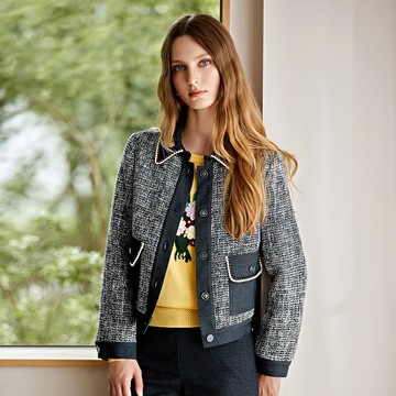 ILEY伊蕾 藍白格紋小香花呢織紋夾克外套(深藍色；M-XL)1234024611