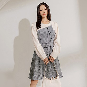 OB嚴選-千鳥格造型拼接腰帶洋裝《DA10262-》