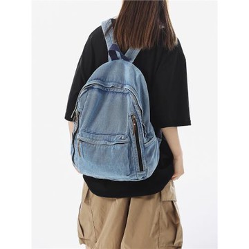復古百搭大容量牛仔布雙肩包女學生上課書包男簡約日系帆布背包
