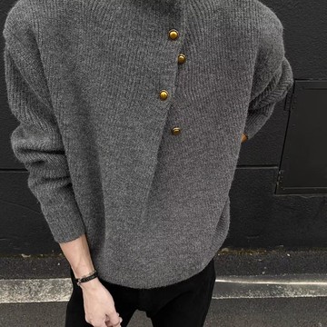 不規則鈕扣設計感高領毛衣男韓系潮牌痞帥慵懶oversize針織衫上衣