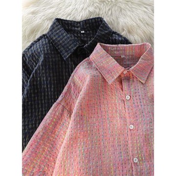 夏季泡泡紗格子短袖襯衫男款寬松休閑五分袖襯衣潮牌ins情侶上衣