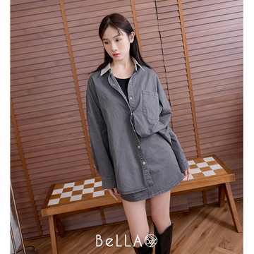 【秋冬新品】BeLLA  撞色領襯衫套裝 灰色