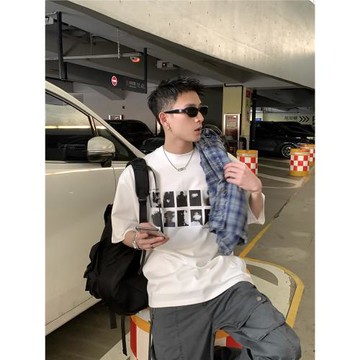 PLTH*韓系復古265g純棉小領口寬松日常通勤經典簡約百搭印花T恤男