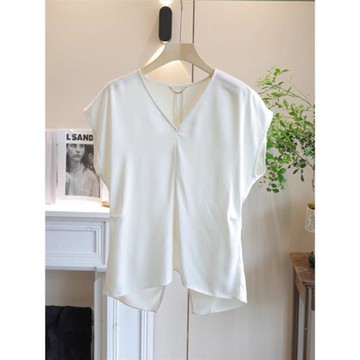 高端V領醋酸上衣女2025夏季新款洋氣簡約百搭短袖顯瘦寬松小衫秋