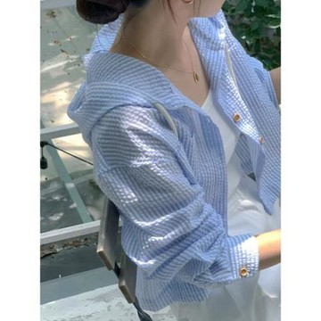 夏季女裝批新款發chic百搭條紋長袖襯衣褶皺寬松透氣防曬連帽襯衫