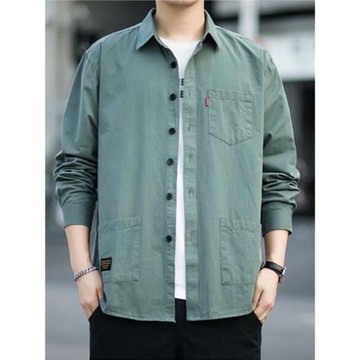 高檔免燙寬松版長袖工裝襯衫男裝外套春秋款休閑襯衣男士純色上衣