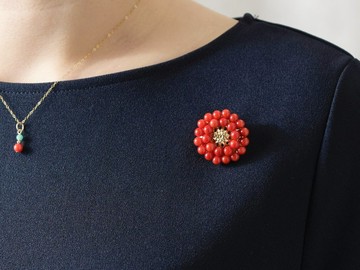 【胸針・大尺寸】紅珊瑚 古董復古花朵 紅色