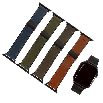 Apple Watch 全系列通用錶帶 蘋果手錶替用錶帶 黑鋼磁吸扣 皮革橡膠錶帶 綠/黑/褐色#858-336IC