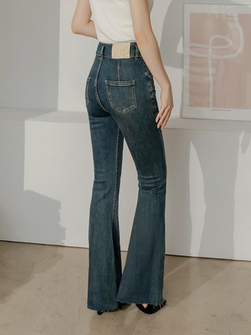 棉質仿舊洗色不收邊褲腳喇叭牛仔褲