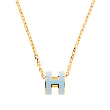 HERMES 經典Mini Pop H pendant 立體橢圓簍空項鍊(BLEU POLATRE/淺金)