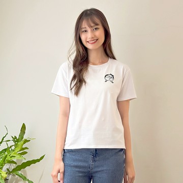 Hana-Mokuba花木馬日系女裝圓領俏皮女孩印花布貼休閒T恤_米白