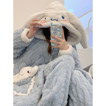 秋冬季三層夾棉睡袍女珊瑚絨加厚加絨長款甜美連帽睡衣家居服套裝