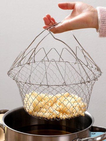 折疊油炸籃304不銹鋼圓形伸縮濾油藍神器家用炸薯條瀝油網漏工具