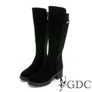 GDC-牛麂皮後繫帶H釦飾彈力布長靴-黑