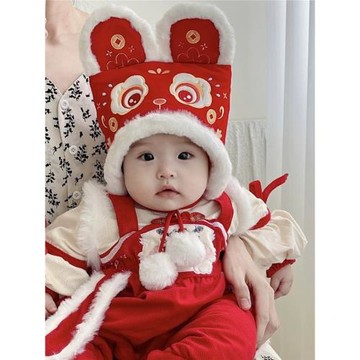 【年服】嬰幼兒中國風運連連寶寶加絨帽冬季兒童可愛新年喜慶兔帽