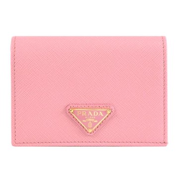 PRADA 1MV021 經典三角LOGO防刮扣式零錢短夾.粉/金釦