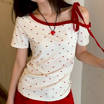 韓系辣妹愛心波點露肩蝴蝶結斜肩短袖T恤上衣