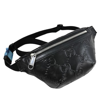 GUCCI 658582 經典雙G LOGO壓花斜背胸口/腰包.黑