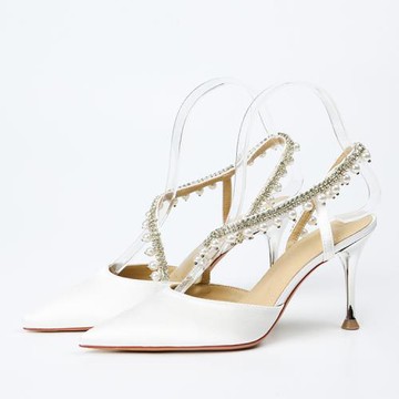 Sp house 珍珠流線緞面尖頭細高跟涼鞋(2色可選)