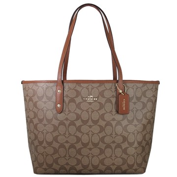 COACH 馬車防潑水LOGO皮革邊飾肩背大托特包(馬鞍棕/大款)