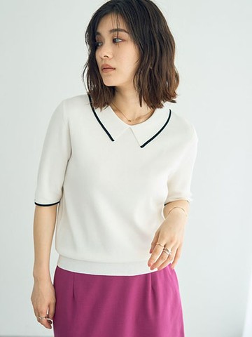 氣質背後排列珍珠短袖翻領針織衫(07000462400) - YECCA VECCA