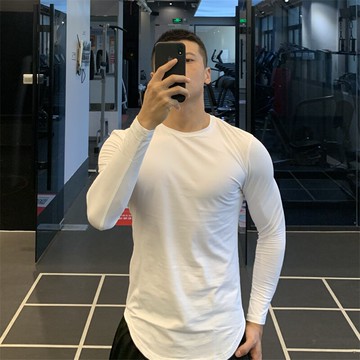 圓弧下擺純色健身衣服長袖t恤男緊身衣內搭上衣跑步訓練運動短袖