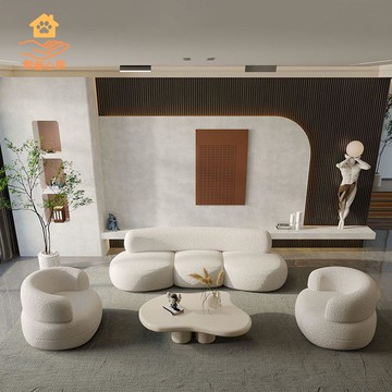 侘寂風小戶型羊羔絨美容院服裝店接待花瓣設計師弧形布藝沙發民宿