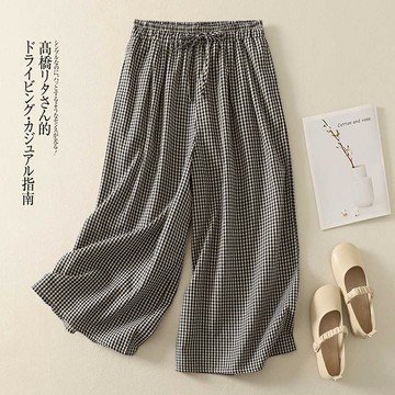 ⚡任選２件＄９９９⚡中大尺碼 長褲 慵懶風復古格子九分褲裙【042381】AUG06｜1色 19LADY〔現貨〕