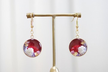 樹脂藝術 圓形耳環・花束・酒紅色