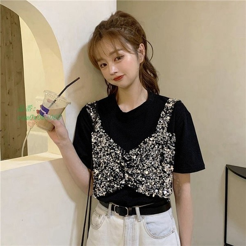 重ね着風 ラメ 原宿系 かわいい ストリート 韓国 Tシャツ 半袖 オルチャン ダンス キャミ 衣装 トップス ビスチェ スパンコール 通販 Lineポイント最大get Lineショッピング