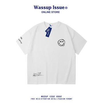 WASSUP ISSUE美式笑臉短袖t恤男寬松夏季學生潮牌ins寬松半袖男款