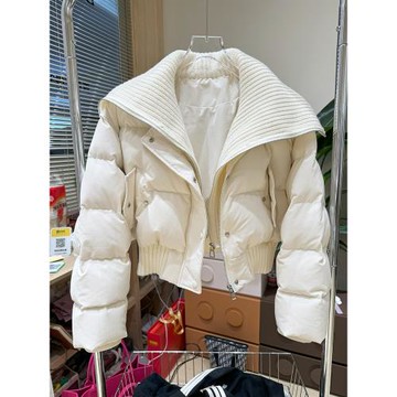 歐洲站2024冬新款針織拼接大翻領羽絨服女短款保暖顯瘦小個子外套