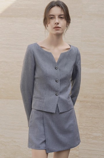 法式復古 斜紋弧形V領西裝外套 半裙套裝