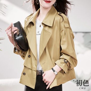 初色 翻領短款長袖純色翻領單排釦風衣外套女外套-共3色-38206(M-4XL可選)