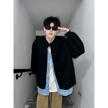 美式條紋假兩件開衫衛衣男款秋冬cleanfit外套潮牌高級感黑色上衣