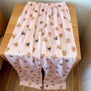 可愛小熊條紋睡褲女夏季純棉長褲韓版休閑家居褲子可外穿學生春秋