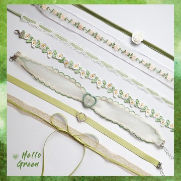 花卉頸帶 綠色愛心吊墜頸鏈 Choker鎖骨鏈 蝴蝶結項鏈女