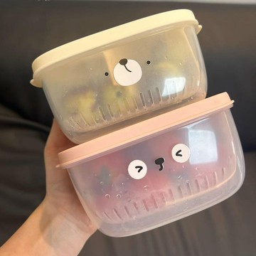⚡免運可開發票⚡卡通小熊水果便當盒食品級冰箱專用雙層瀝水便攜保鮮盒廚房收納盒特惠