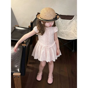 Mini baby🌷韓版女童夏季甜美粉色蕾絲刺繡公主裙女孩花邊泡泡袖短裙