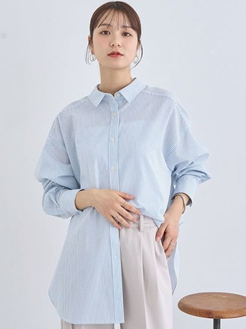 細直條紋側開衩長版長袖襯衫(01000040400) - earth music&ecology