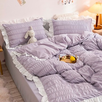 夏季水洗棉公主風四件套花邊純色ins風網紅床單被套床裙床上用品4