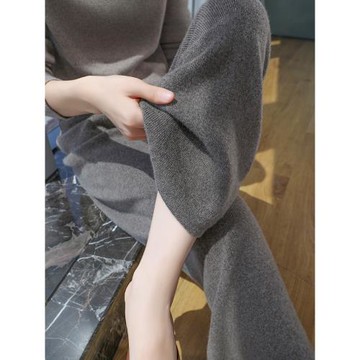 秋冬100%純羊毛針織闊腿褲女外穿高腰口袋加厚羊絨拖地直筒長褲